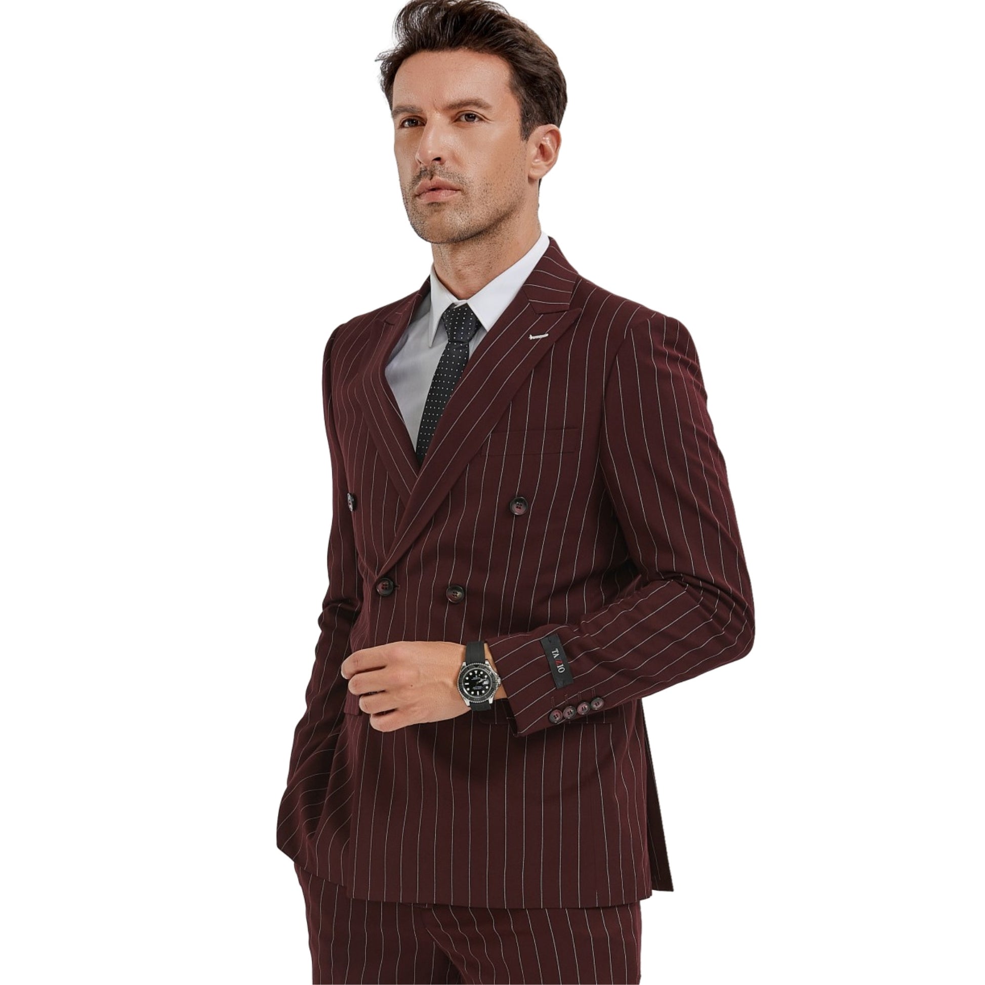 KCT Menswear's Burgundy Pinstripe Double-Breasted Suit showcasing elegance and modern tailoring