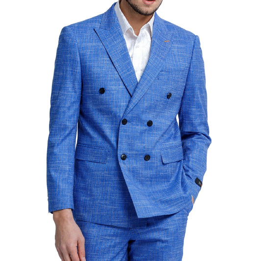 Model wearing KCT Menswear Ocean Blue Textured Double-Breasted Suit, highlighting the unique fabric and sophisticated design