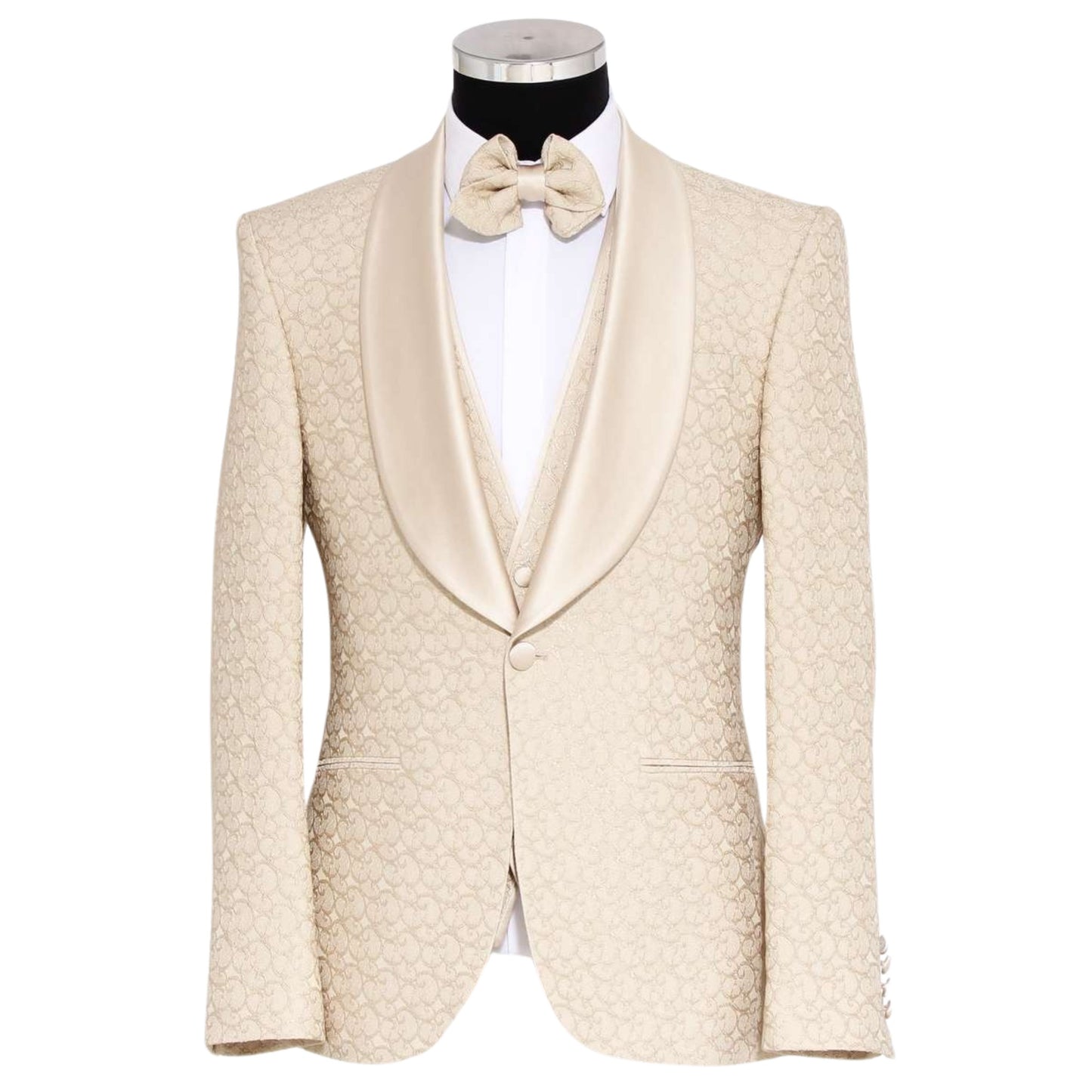 Cream Design Three-Piece Tuxedo, Satin Cream Lapel, Stain Trimming on Pockets, Cream Design Vest with Satin Trim, Satin Cream Pants, Satin Cream Buttons, Elegant Men's Formal Wear, Made in Turkey.