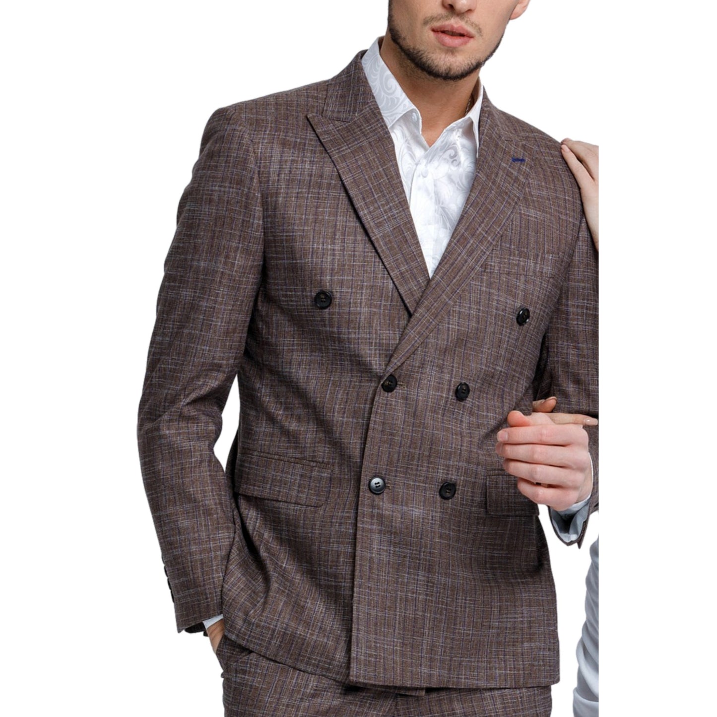 Sharp KCT Menswear Classic Brown Check Double-Breasted Suit displaying elegance and expert tailoring