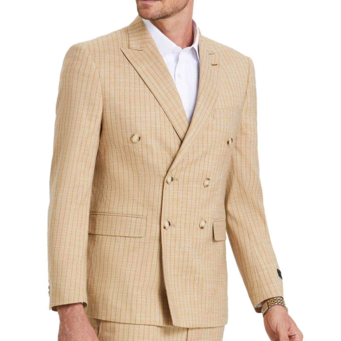 Stylish KCT Menswear Tan Glen Plaid Double-Breasted Suit perfect for summer events and professional wear"