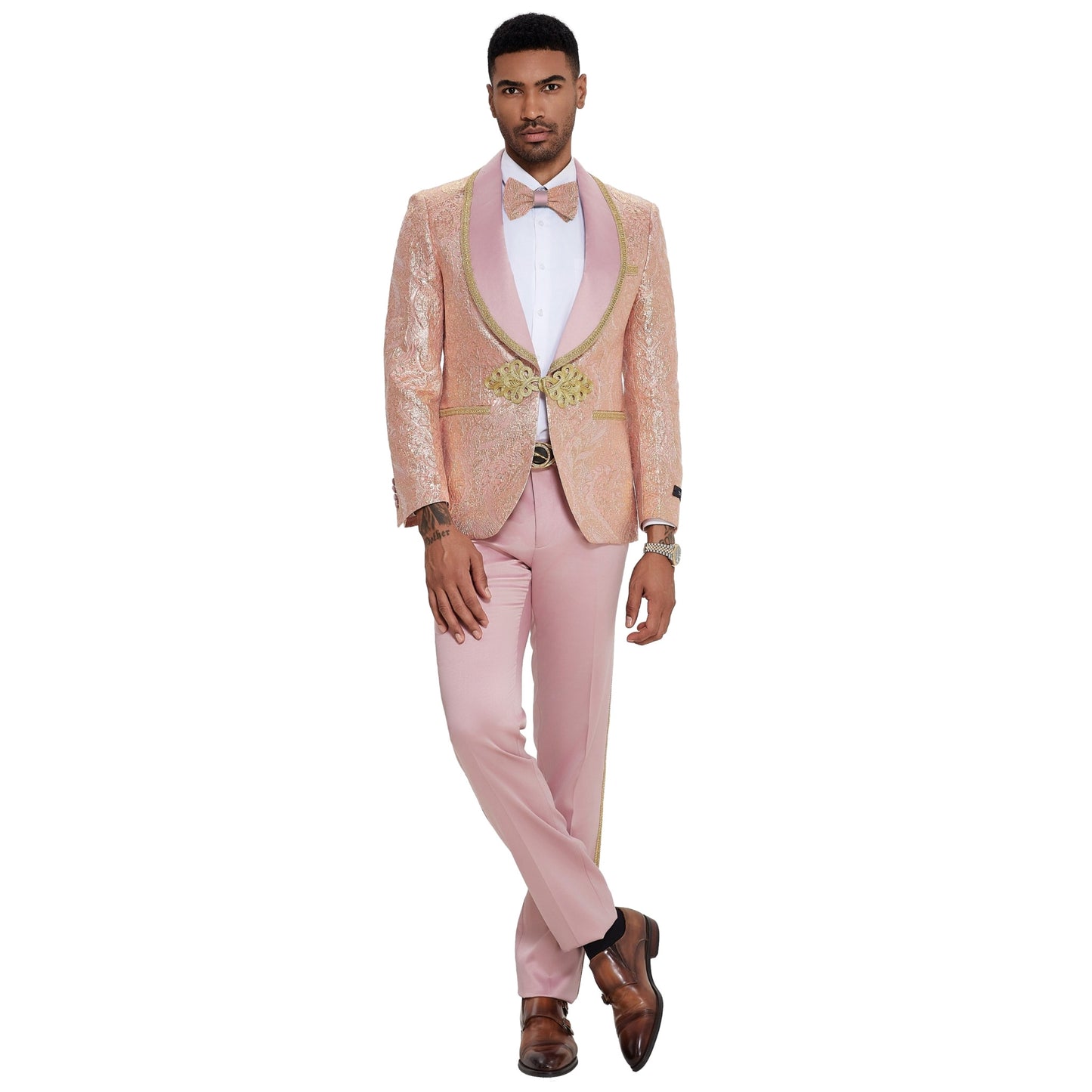 Gold and Pink Design Tuxedo, Pink Satin Pants, Pink Lapel with Gold Trim, Gold and Pink Bowtie, Slim Fit Tuxedo Style.