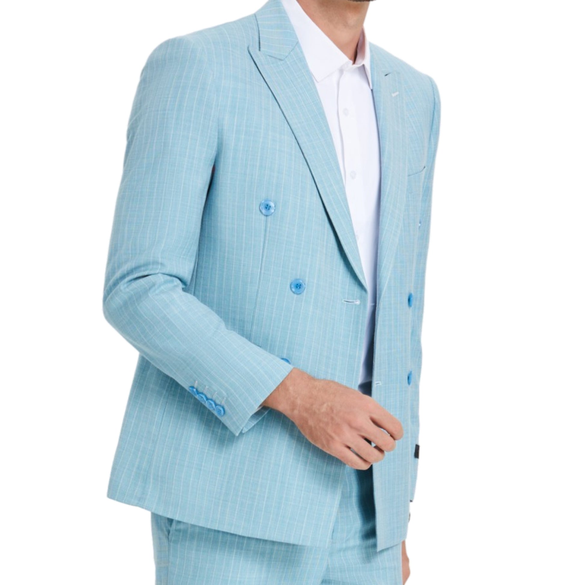Chic KCT Menswear Light Blue Checkered Double-Breasted Suit for a sharp, summer-ready look