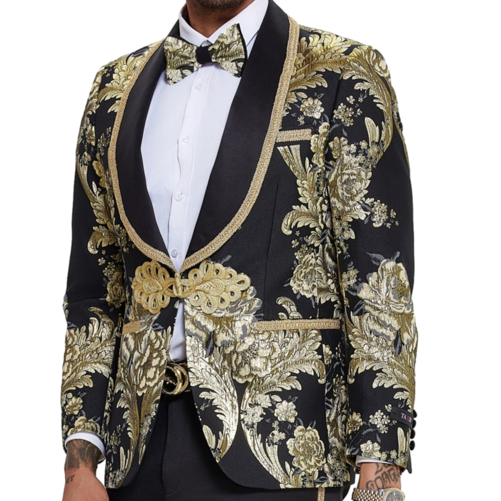 KCT Menswear - Velvet Black Glitter Gold Blazer with Shawl Lapel