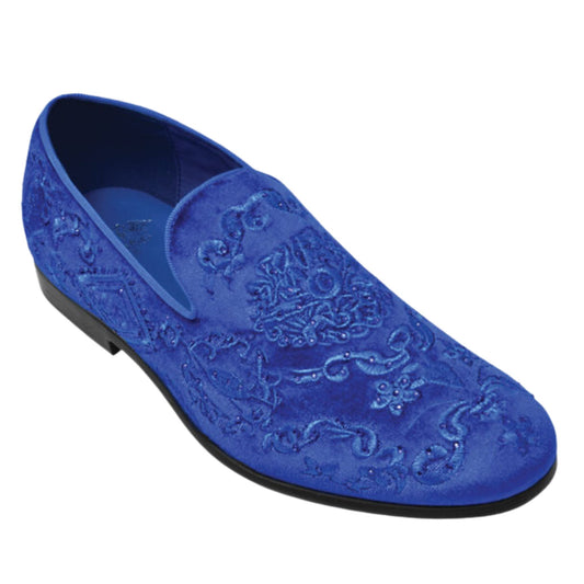 A close-up view of KCT Menswear's Paisley Royal Blue Velvet Loafers, showcasing the intricate paisley pattern, rich velvet material, and stunning royal blue stones - perfect for a refined and luxurious appearance at any formal event.