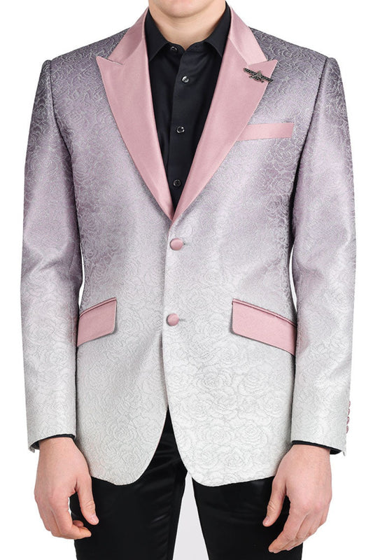 A stylish high school student wearing KCT Menswear's Dazzling Prom Blazer, showcasing its stunning two-tone blush pink fading effect, silver floral pattern, and gradient design - perfect for a memorable prom night