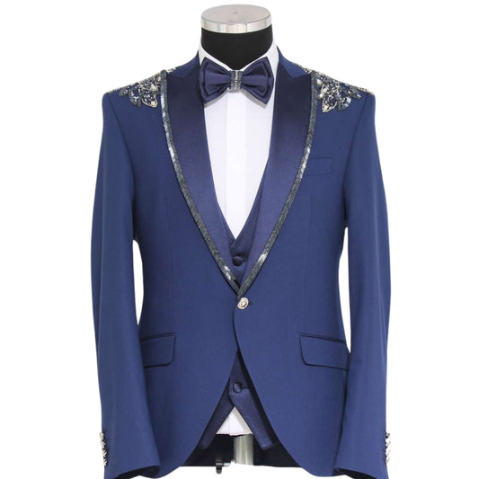 Sparkle Silver and Blue Tuxedo, Satin Blue Vest, Silver Trim Satin Blue Lapel, Silver Shoulder Pad Design, Slim Satin Blue Pants, Satin Blue Buttons, Elegant Men's Formal Wear, Made in Turkey.