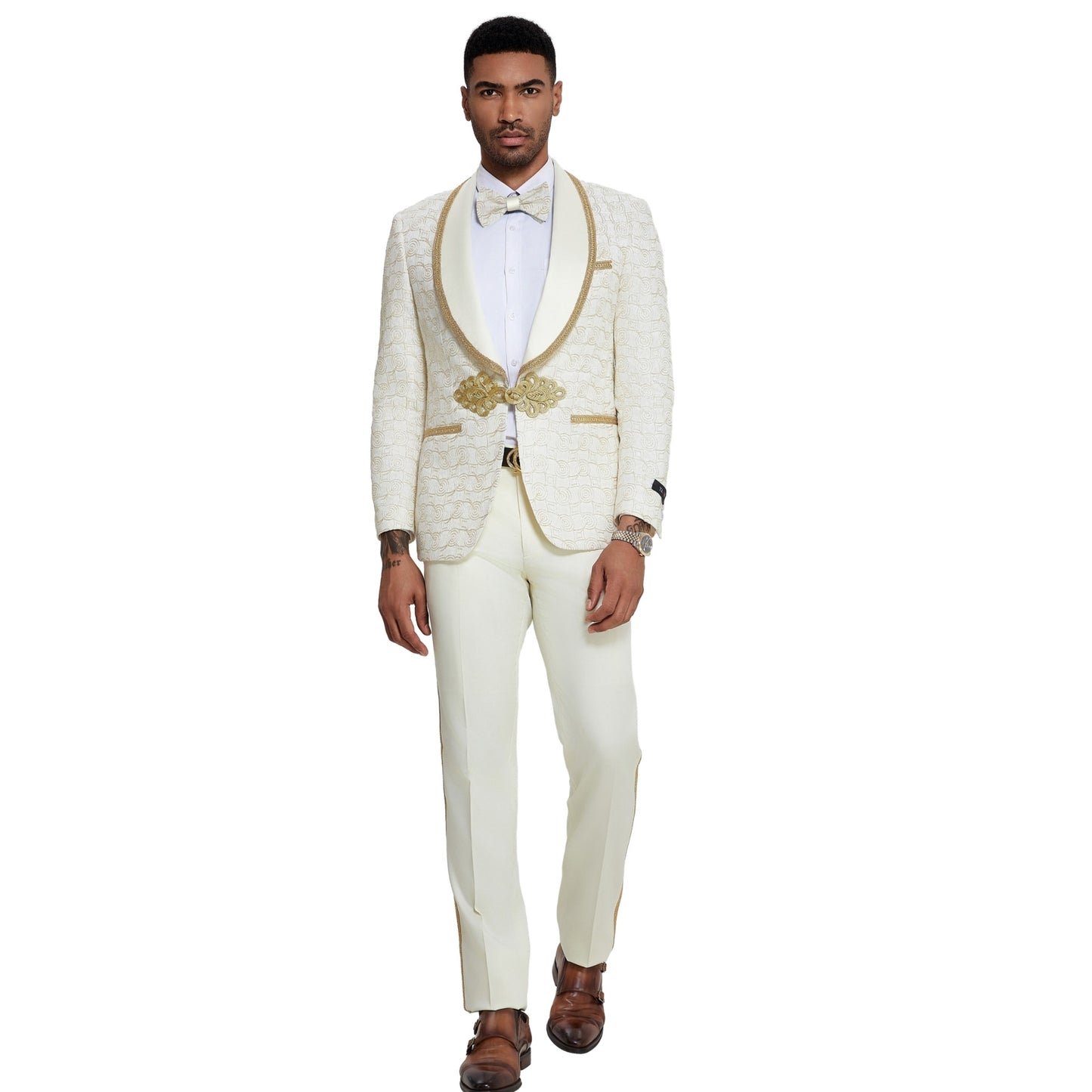 Ivory and Gold Circle Tuxedo Full View, Satin Ivory Pants, Ivory Satin Lapels with Gold Trim, Elegant Gold Buttons, Slim Fit Men's Suit, Matching Ivory and Gold Circle Bowtie.