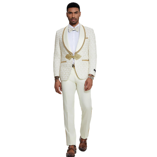 Ivory and Gold Circle Tuxedo Full View, Satin Ivory Pants, Ivory Satin Lapels with Gold Trim, Elegant Gold Buttons, Slim Fit Men's Suit, Matching Ivory and Gold Circle Bowtie.