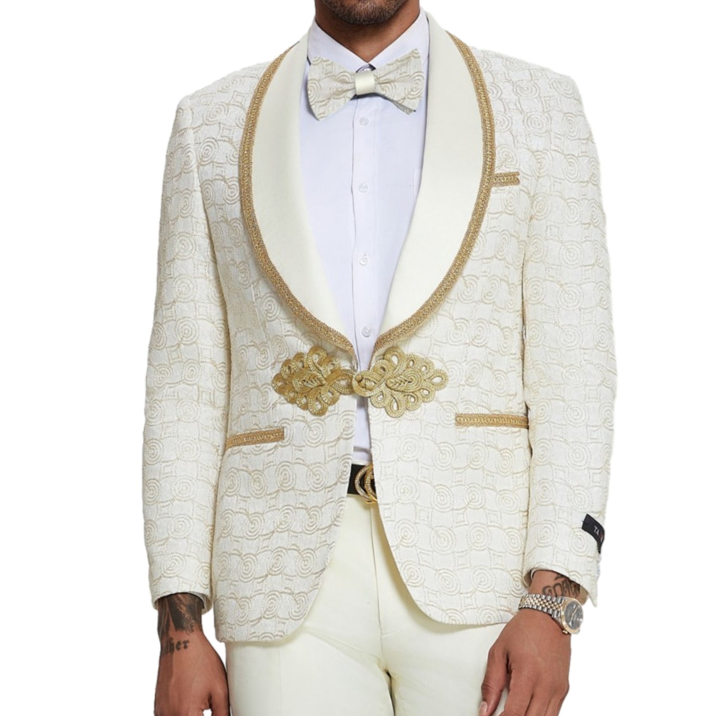 Ivory and Gold Circle Tuxedo Full View, Satin Ivory Pants, Ivory Satin Lapels with Gold Trim, Elegant Gold Buttons, Slim Fit Men's Suit, Matching Ivory and Gold Circle Bowtie.