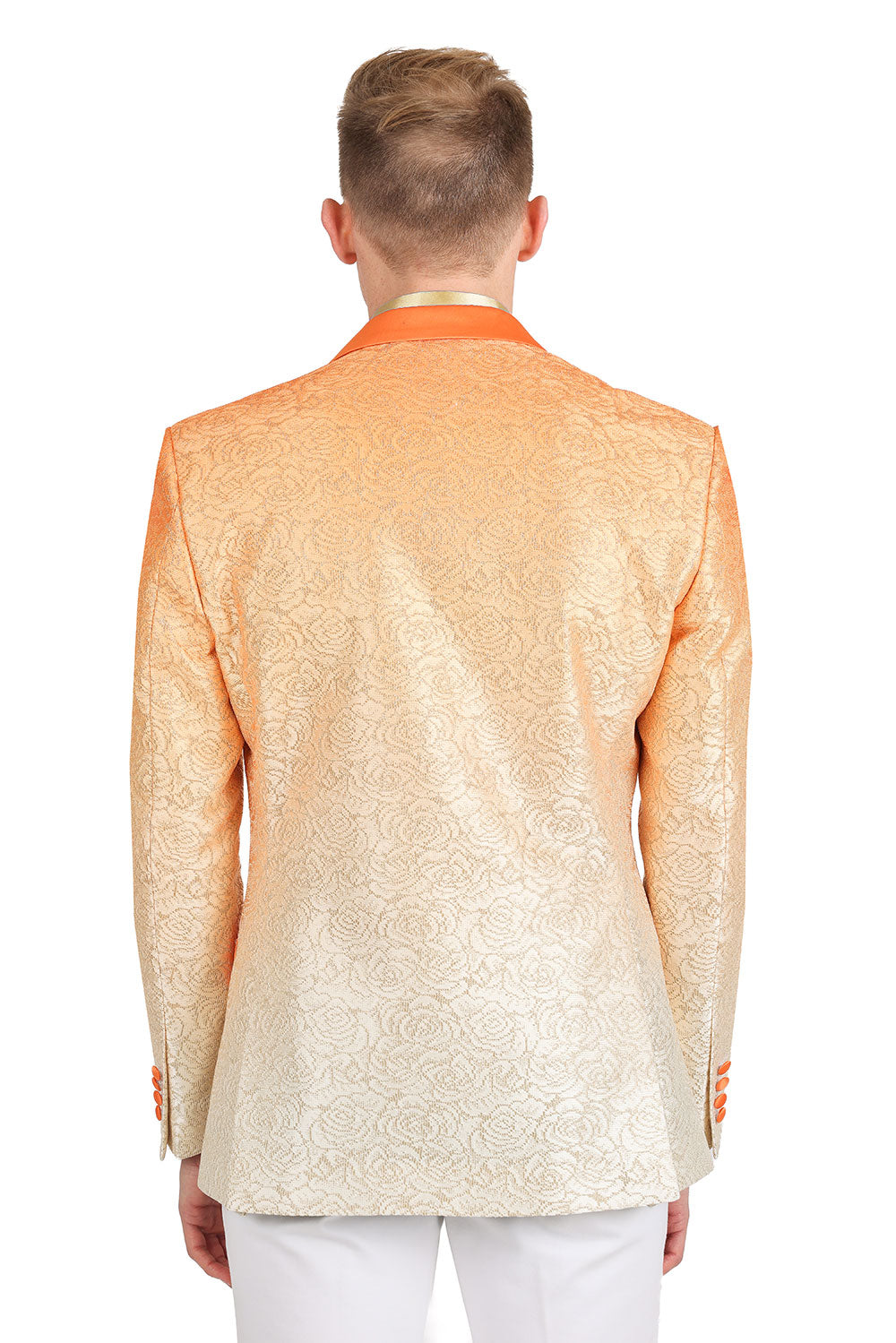 A stylish high school student wearing KCT Menswear's Dazzling Prom Blazer, showcasing its stunning two-tone orange fading effect, silver floral pattern, and gradient design - perfect for a memorable prom night.