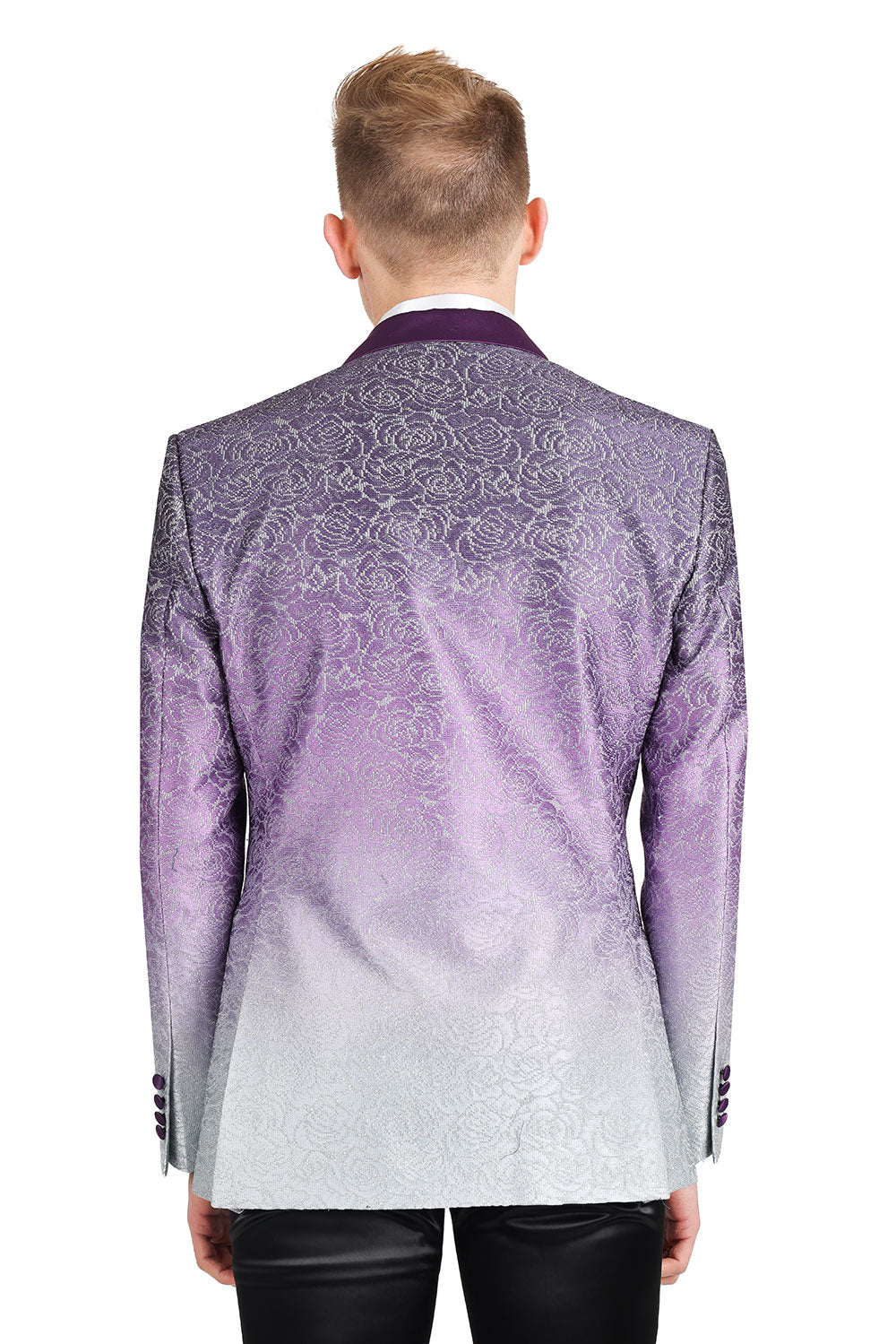 A stylish high school student wearing KCT Menswear's Dazzling Prom Blazer, showcasing its stunning two-tone purple fading effect, silver floral pattern, and gradient design - perfect for a memorable prom night.