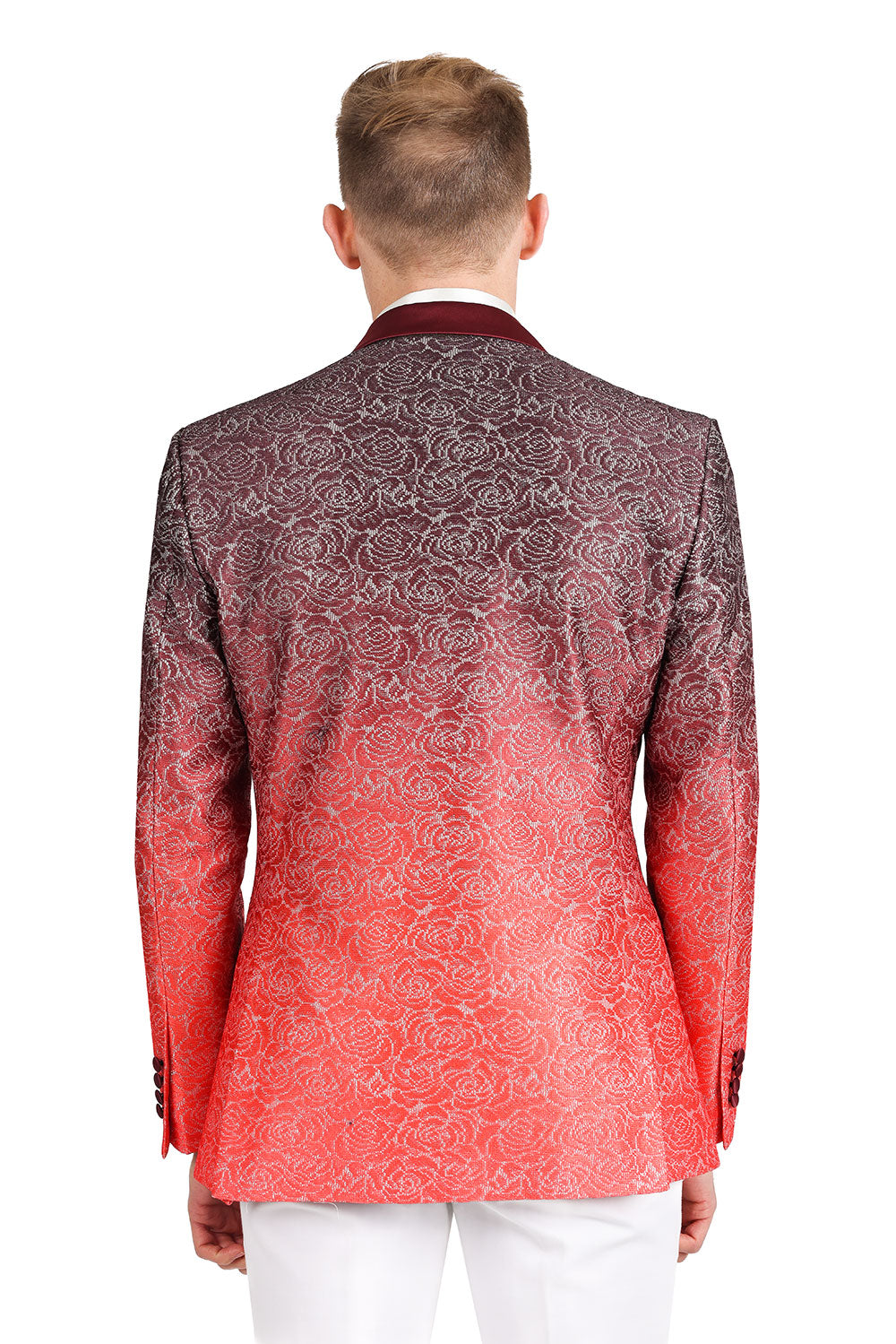 A stylish high school student wearing KCT Menswear's Dazzling Prom Blazer, showcasing its stunning two-tone red fading effect, silver floral pattern, and gradient design - perfect for a memorable prom night.