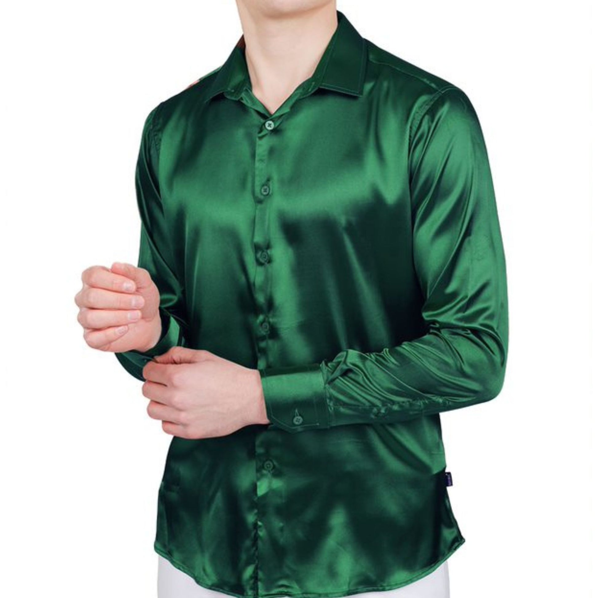Sharp-dressed man in an emerald green satin shirt, ideal for upscale formal events.