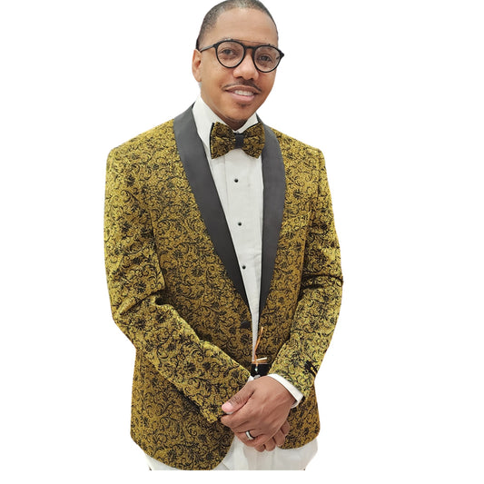 "KCT Menswear's baroque-patterned golden tuxedo jacket radiates luxury for weddings and proms.