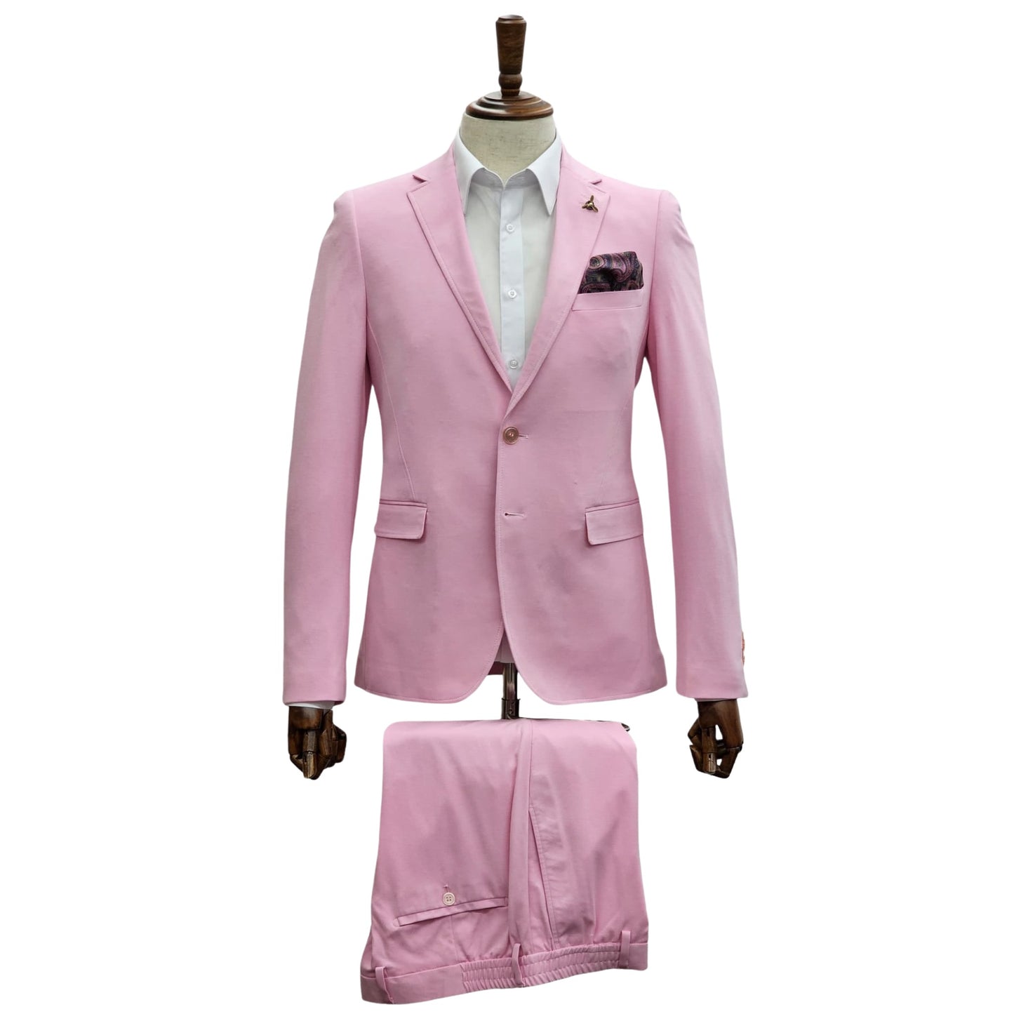 KCT Menswear's Pink Stretch Summer Suit Set on display, offering a fresh and comfortable seasonal style