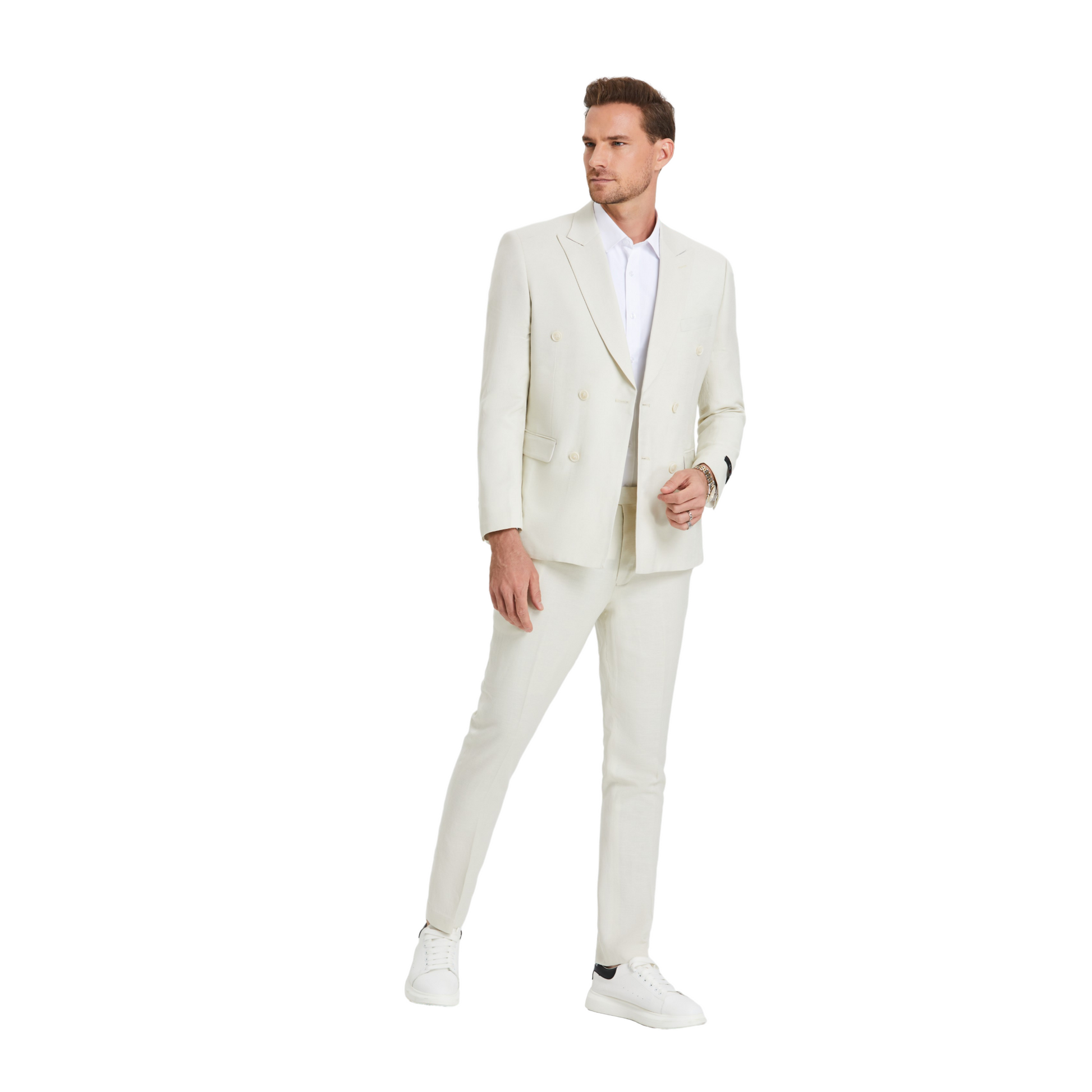 Sophisticated KCT Menswear Cream Double-Breasted Suit for a sharp and stylish summer ensemble
