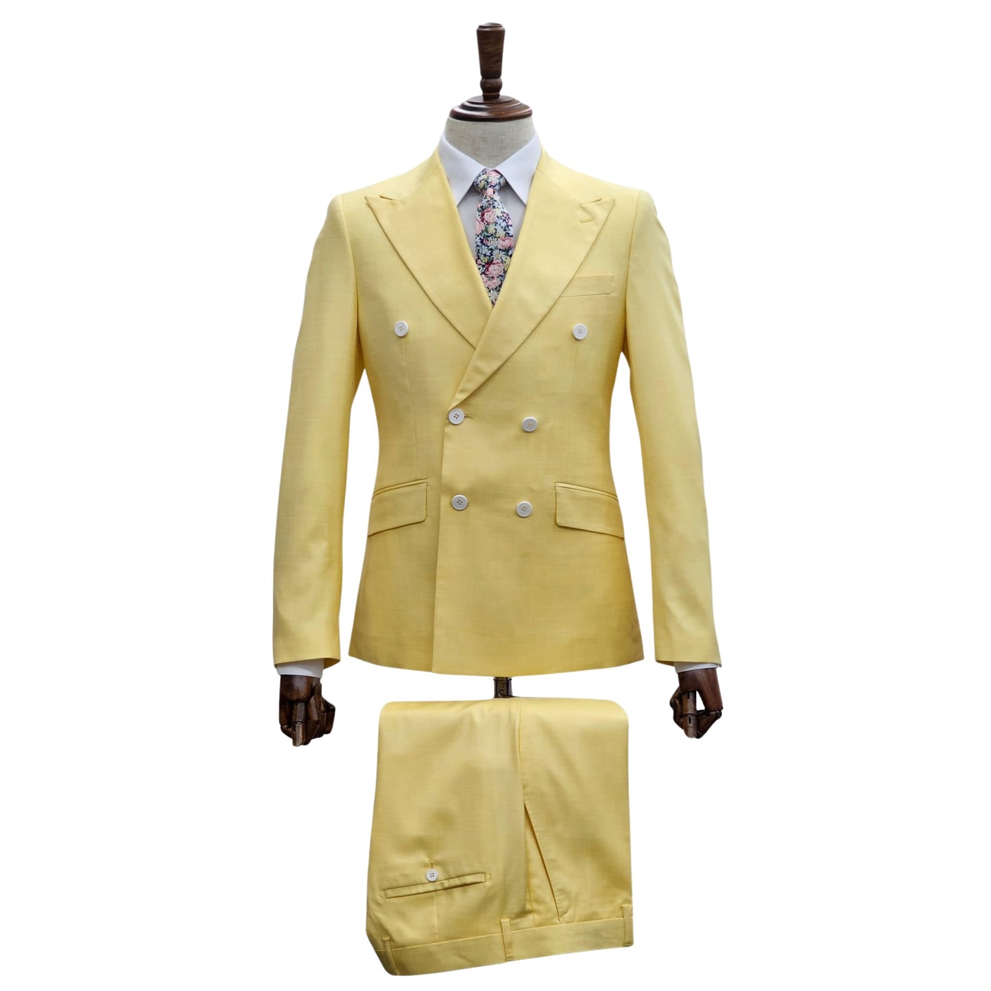 Model displaying a Sunny Elegance Double-Breasted Yellow Suit on a mannequin