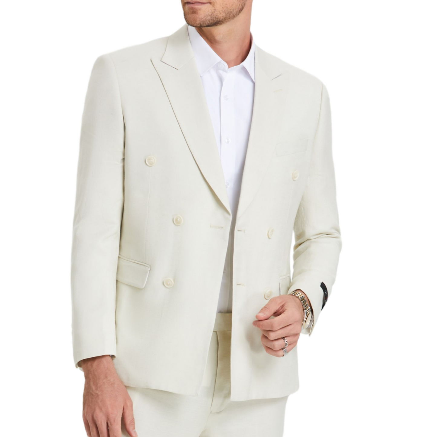 Sophisticated KCT Menswear Cream Double-Breasted Suit for a sharp and stylish summer ensemble