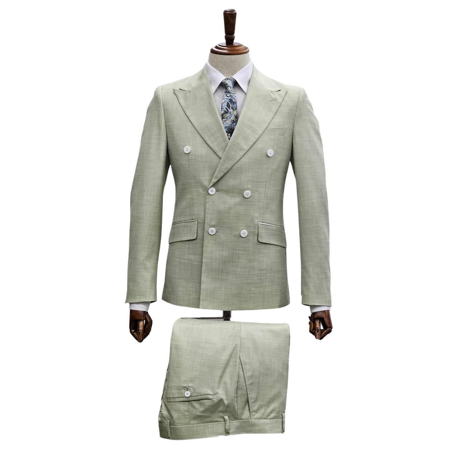 Chic Sage Elegance Double-Breasted Suit set on a mannequin