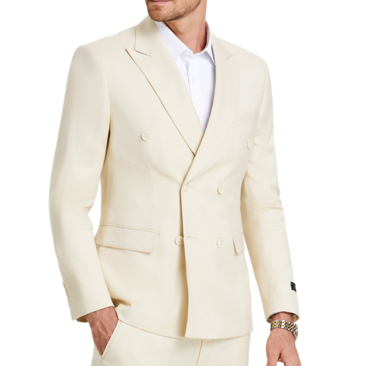 Model showcasing KCT Menswear Ivory Double-Breasted Suit, perfect for a sharp summer look