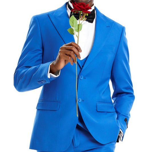 Dashing gentleman in a cerulean blue suit holding a red rose, ready for prom.
