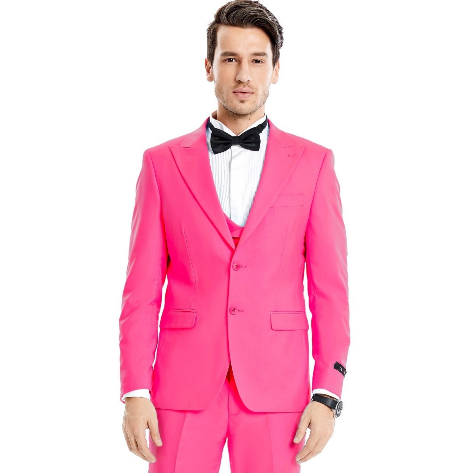 Dashing man in a full electric pink suit, the perfect prom ensemble."