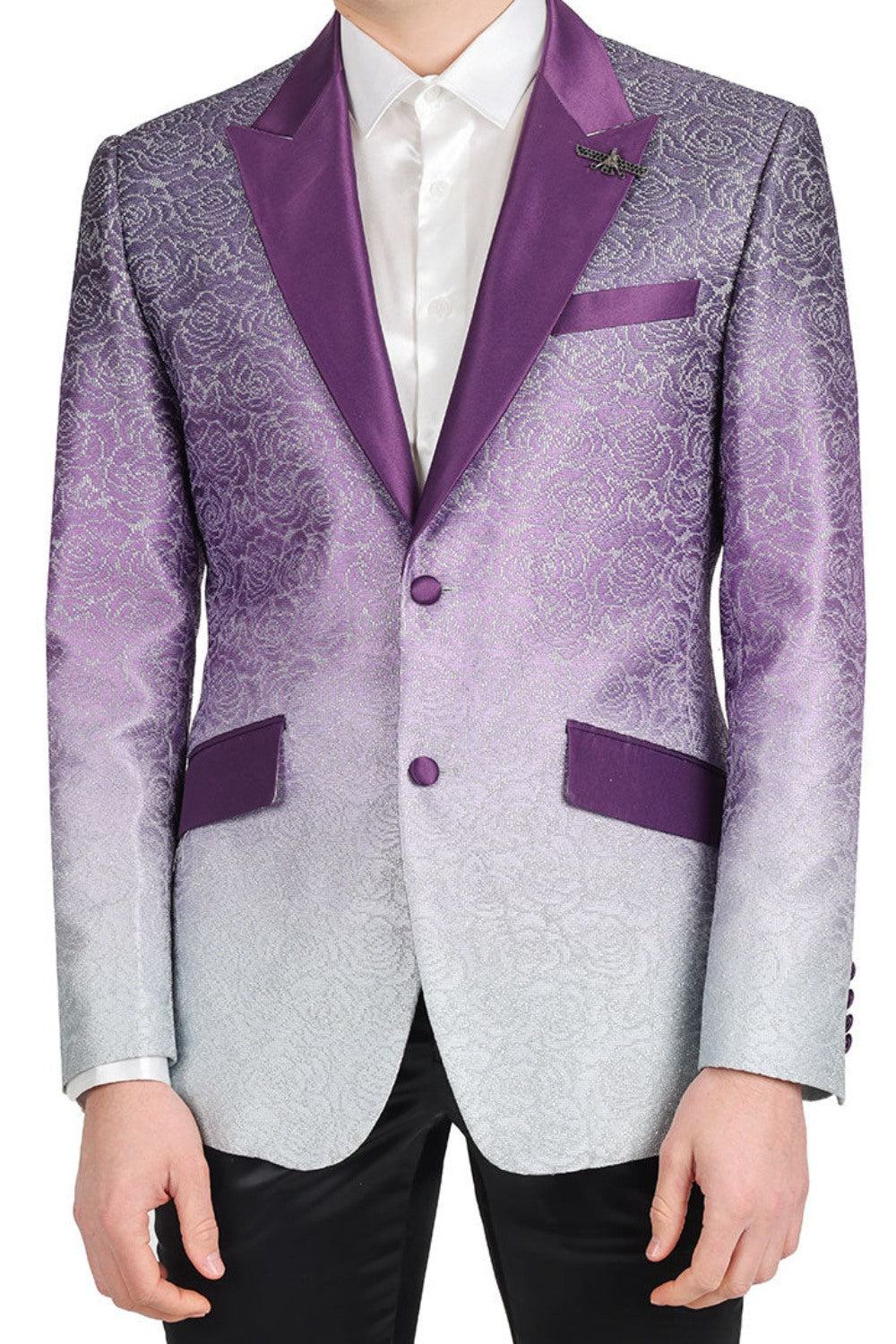 A stylish high school student wearing KCT Menswear's Dazzling Prom Blazer, showcasing its stunning two-tone purple fading effect, silver floral pattern, and gradient design - perfect for a memorable prom night.