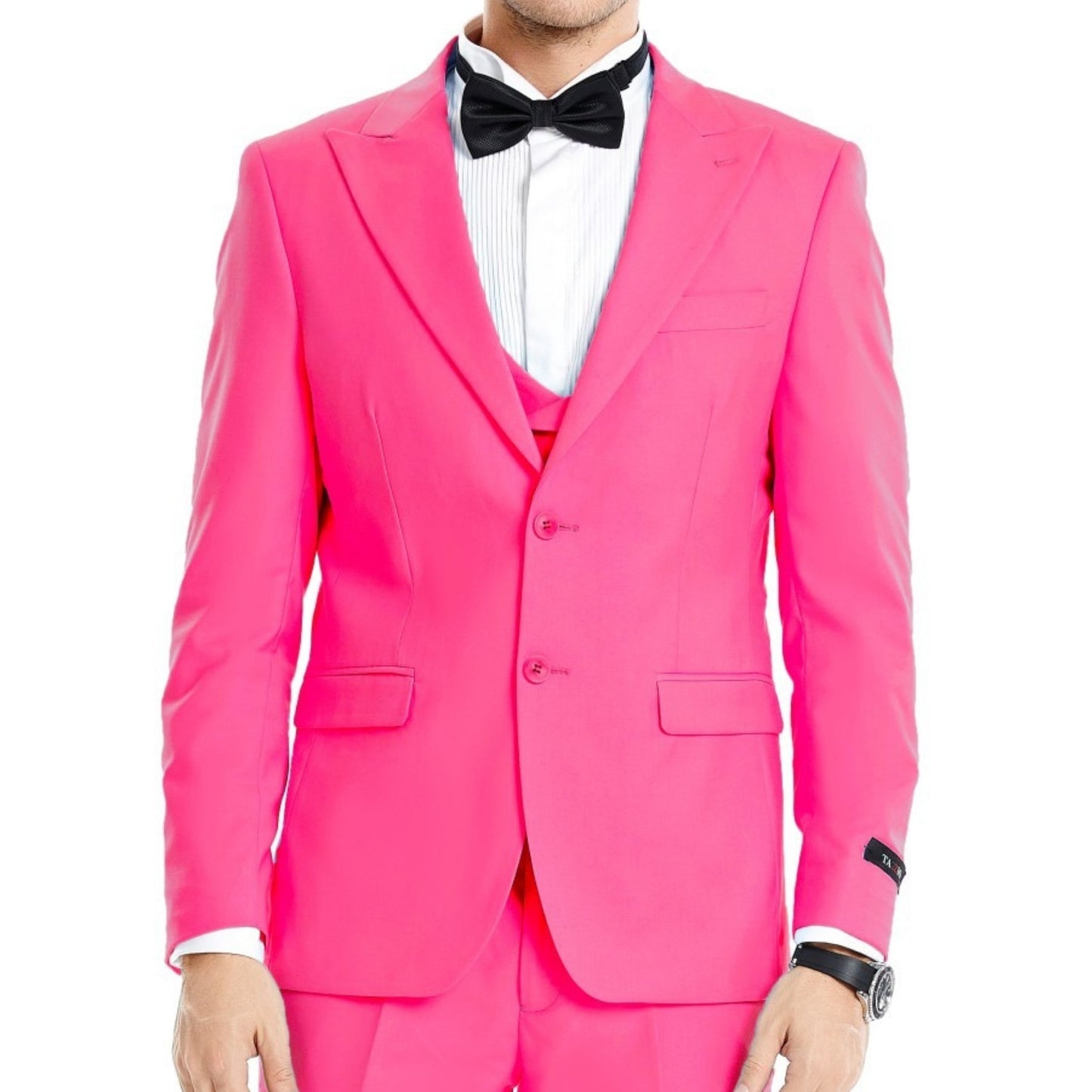 Dashing man in a full electric pink suit, the perfect prom ensemble.