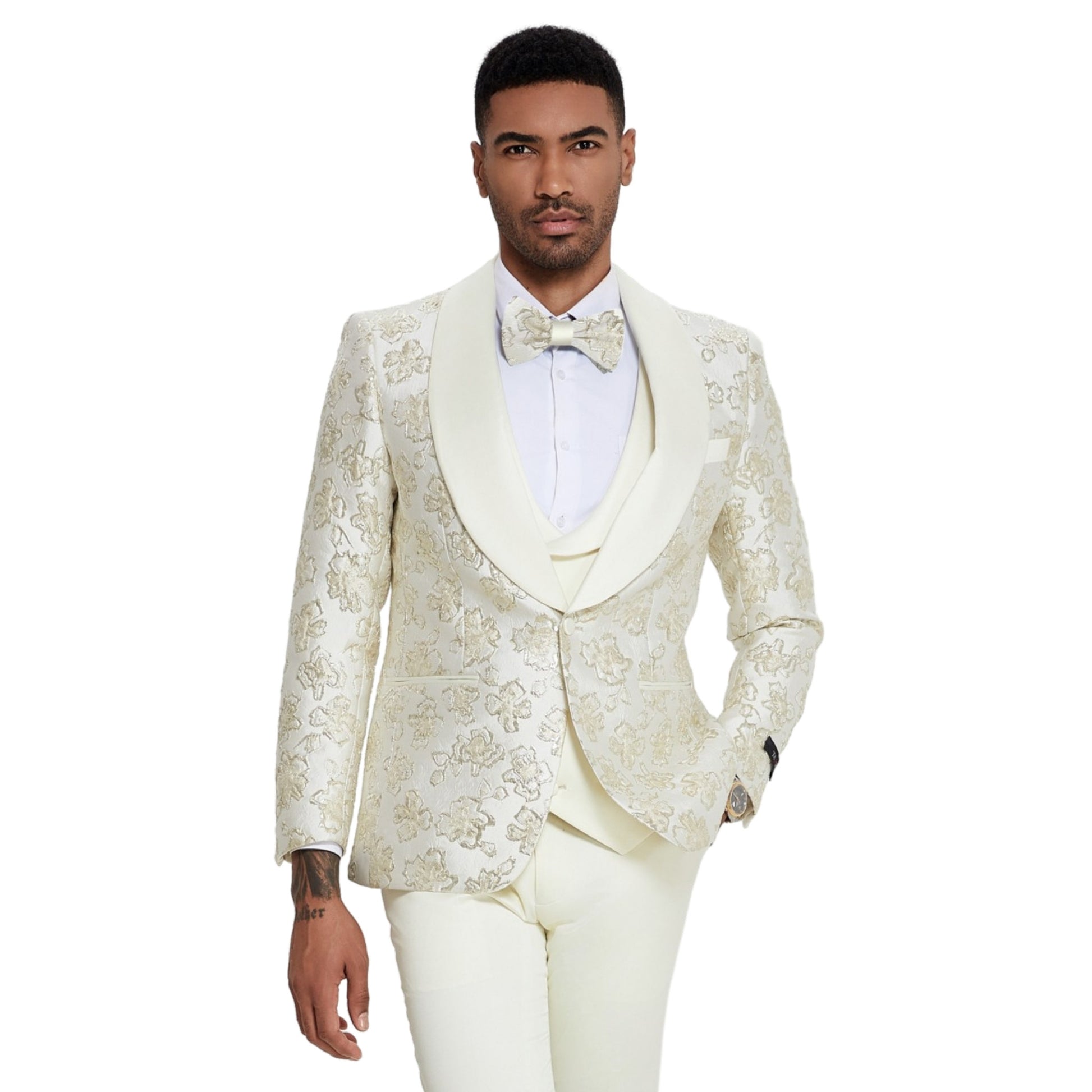 Ivory and Gold Paisley Tuxedo Full Look, Satin Ivory Pants Detail, Ivory Satin Shawl Lapels on Jacket, Elegant Ivory Vest with Satin Lapels, Detailed Ivory Buttons, Slim Fit High-End Suit, Ivory Gold Paisley Bowtie Match.
