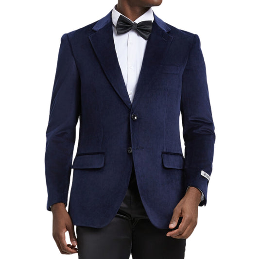 Men's navy blue velvet blazer for proms, weddings, and special occasions.