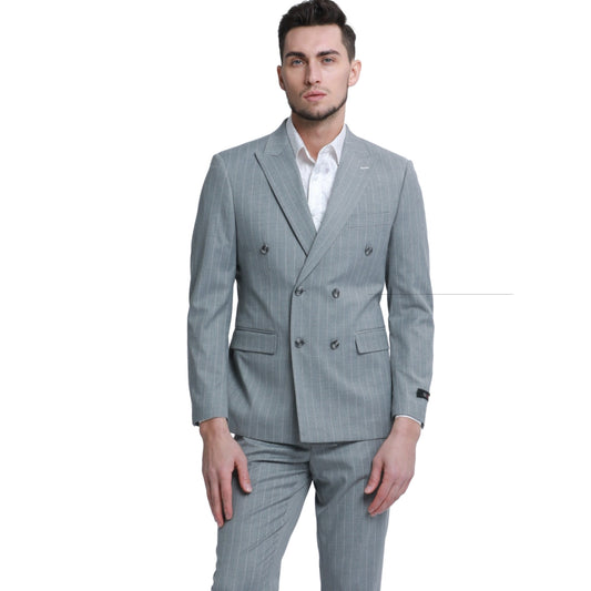 Men's Grey Pinstripe Double-Breasted Suit with Notched Lapel and Six-Button Closure