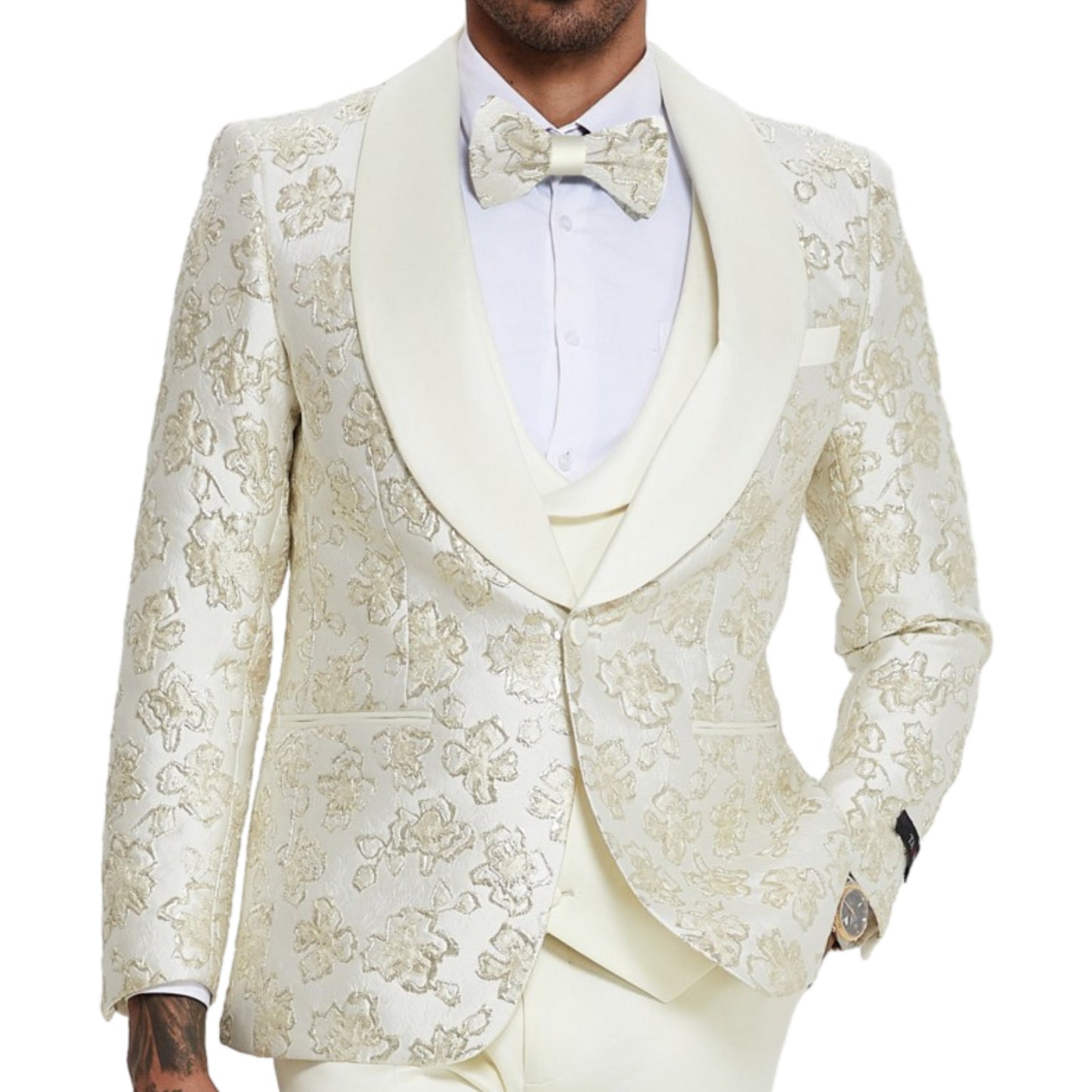 Ivory and Gold Paisley Tuxedo Full Look, Satin Ivory Pants Detail, Ivory Satin Shawl Lapels on Jacket, Elegant Ivory Vest with Satin Lapels, Detailed Ivory Buttons, Slim Fit High-End Suit, Ivory Gold Paisley Bowtie Match.