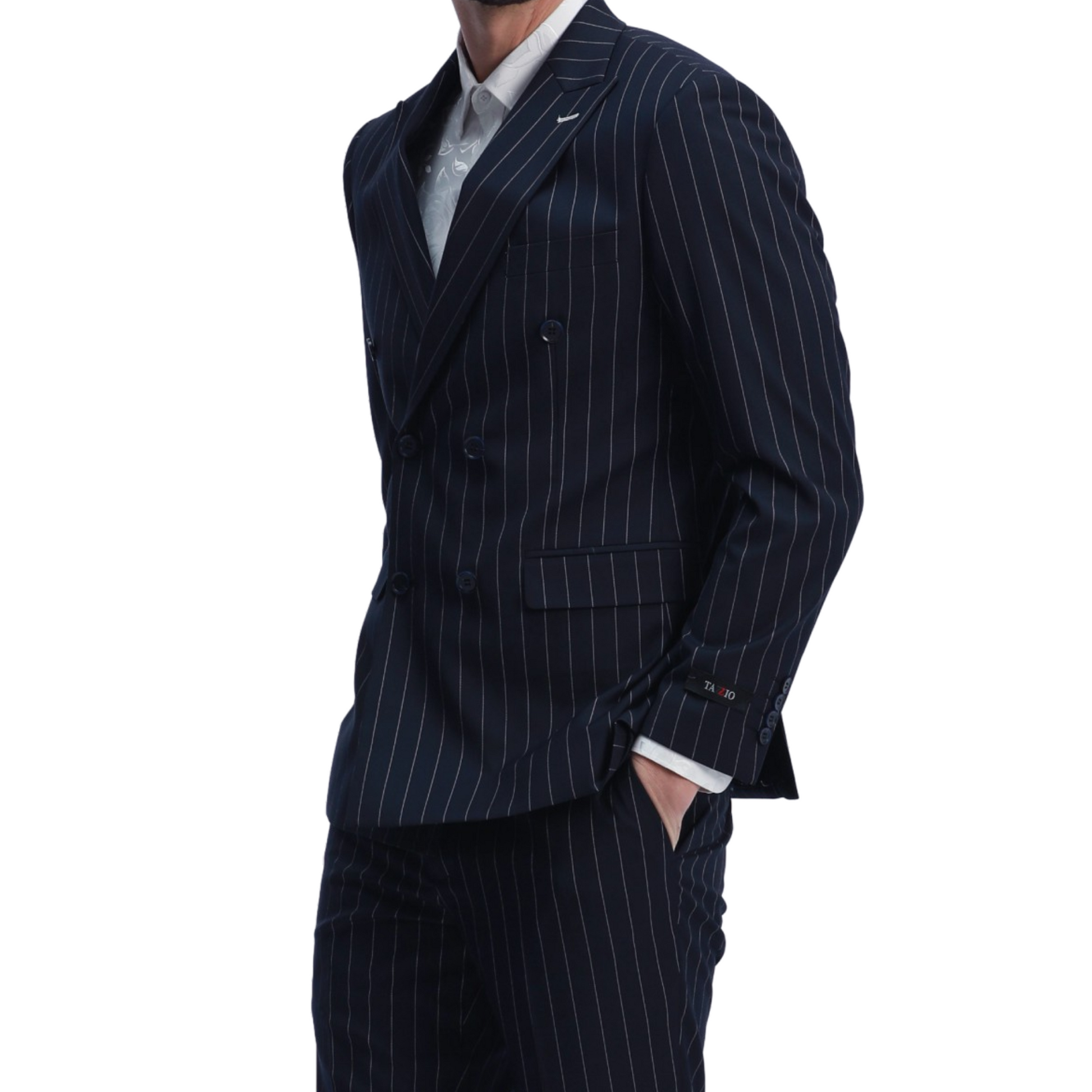 Sharp and sophisticated KCT Menswear Navy Blue Pinstripe Double-Breasted Suit for the modern professional