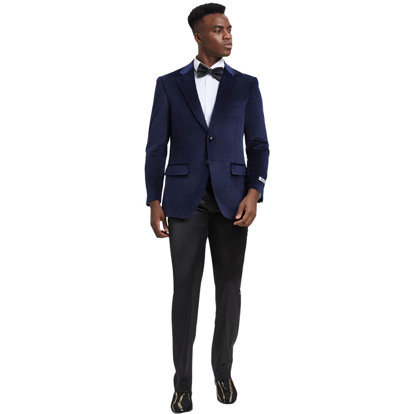Men's navy blue velvet blazer for proms, weddings, and special occasions.