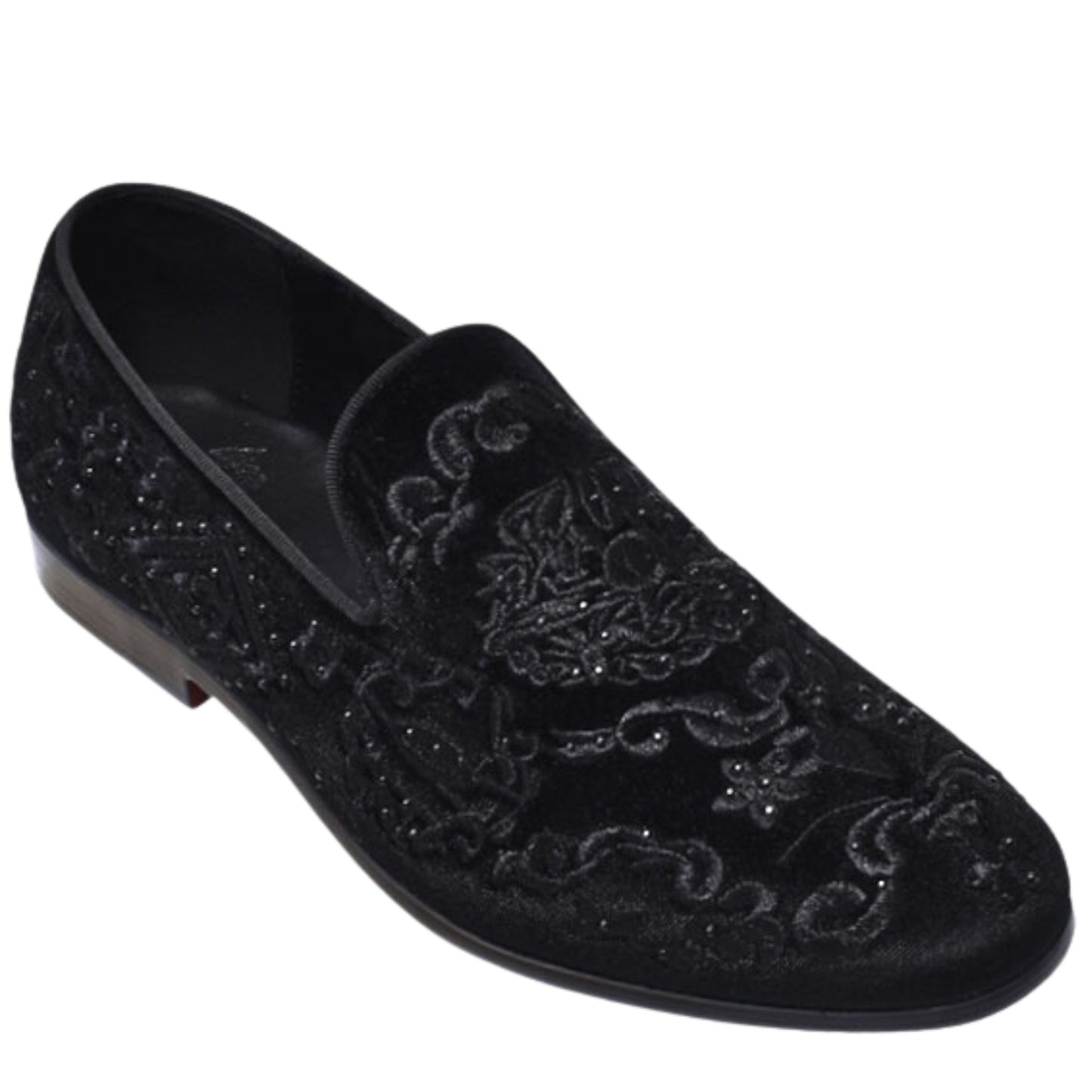  A close-up view of KCT Menswear's Paisley Black Velvet Loafers, showcasing the intricate paisley pattern, rich velvet material, and stunning black stones - perfect for a refined and luxurious appearance at any formal event.