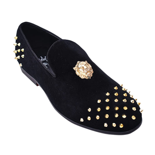 Black Velvet Loafers with Gold Spikes – Luxury Prom Shoes for Men