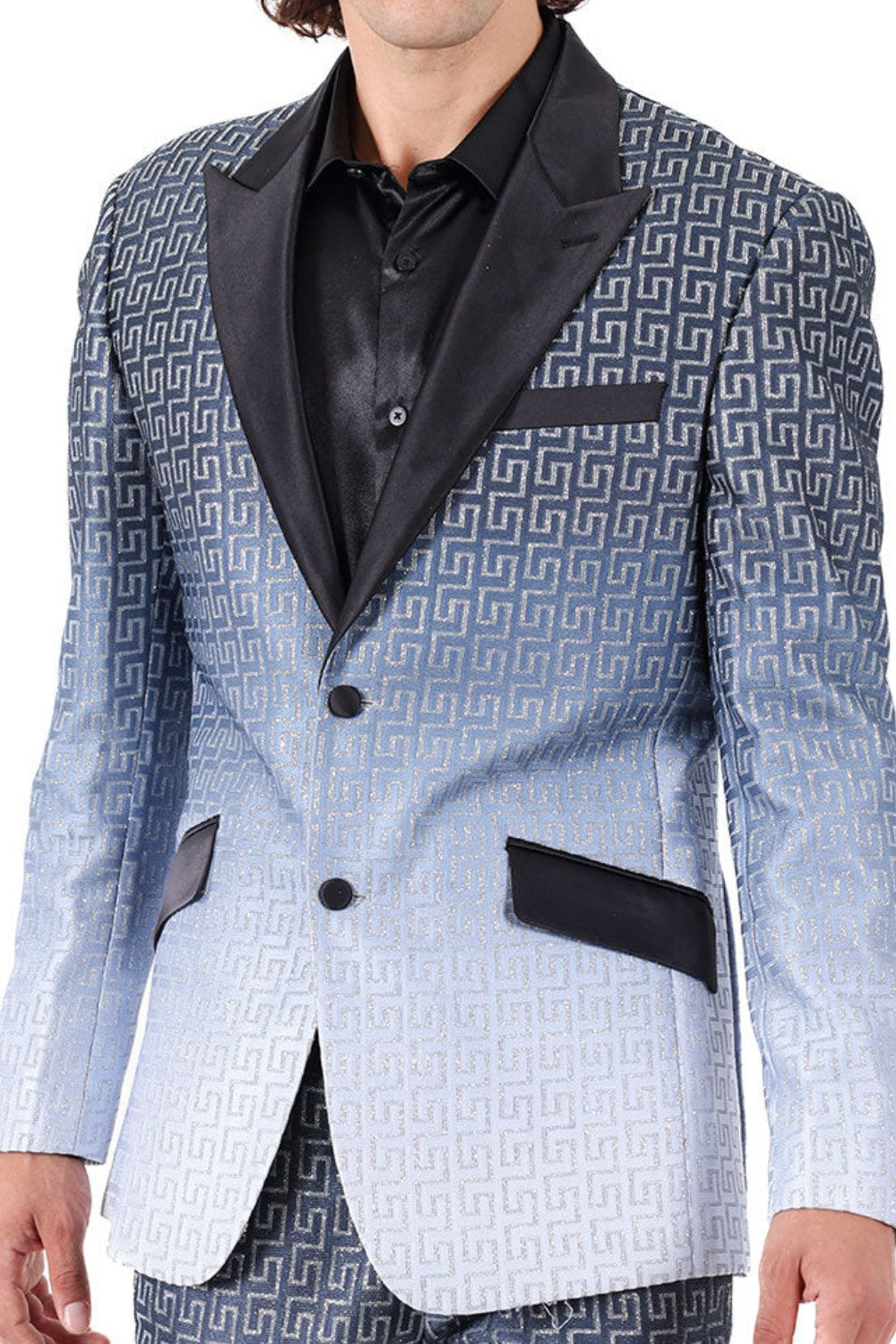 A stylish high school student wearing KCT Menswear's Dazzling Prom Blazer, showcasing its stunning two-tone black and silver fading effect, and sparkling rhinestone Greek key pattern on collar and pockets - perfect for a memorable prom night.
