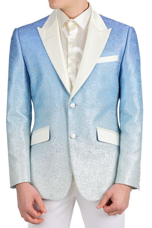 A stylish high school student wearing KCT Menswear's Dazzling Prom Blazer, showcasing its stunning two-tone blue ivory fading effect, silver floral pattern, and gradient design - perfect for a memorable prom night.