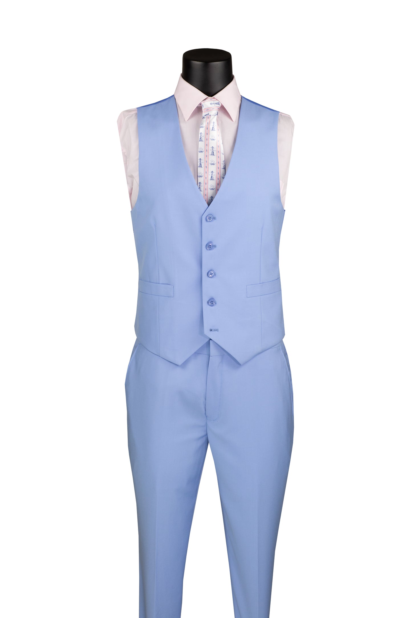 Close-up of Light Blue Vest, showcasing gold chain accent and premium slim-fit tailoring for a dapper finish.