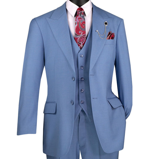 Dusty Blue Three-Piece Suit – A modern slim-fit suit with a vest and paisley tie, perfect for prom and weddings in 2025.