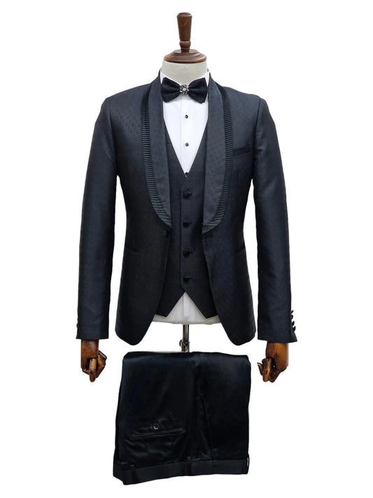 Chic black designer tuxedo suit with detailed lapels by KCT Menswear.