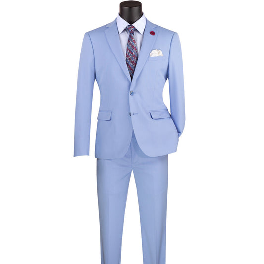 Elegant Light Blue Suit displayed on a mannequin, highlighting slim-fit tailoring, structured shoulders, and high-quality fabric.