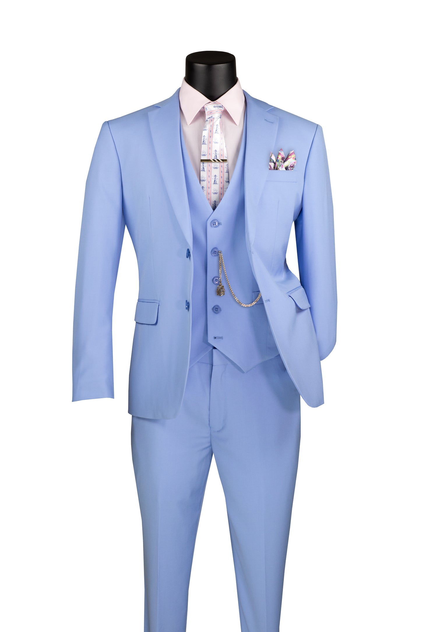 Full view of the Light Blue Suit with pink shirt, stylish vest, and matching floral tie, tailored for a refined, elegant look.