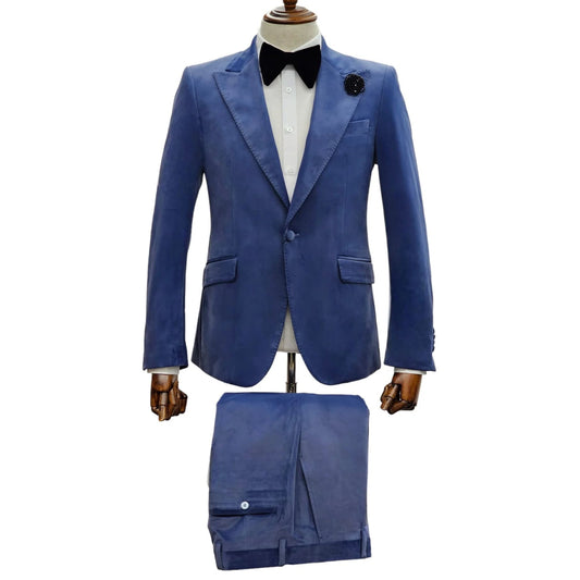 Full view of the Slate Blue Velvet Suit, featuring a peak lapel blazer and matching trousers for a refined formalwear look.