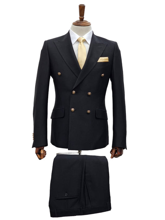 Men's Slim Fit Double-Breasted Black Suit - 2 Piece, 6-Button Design