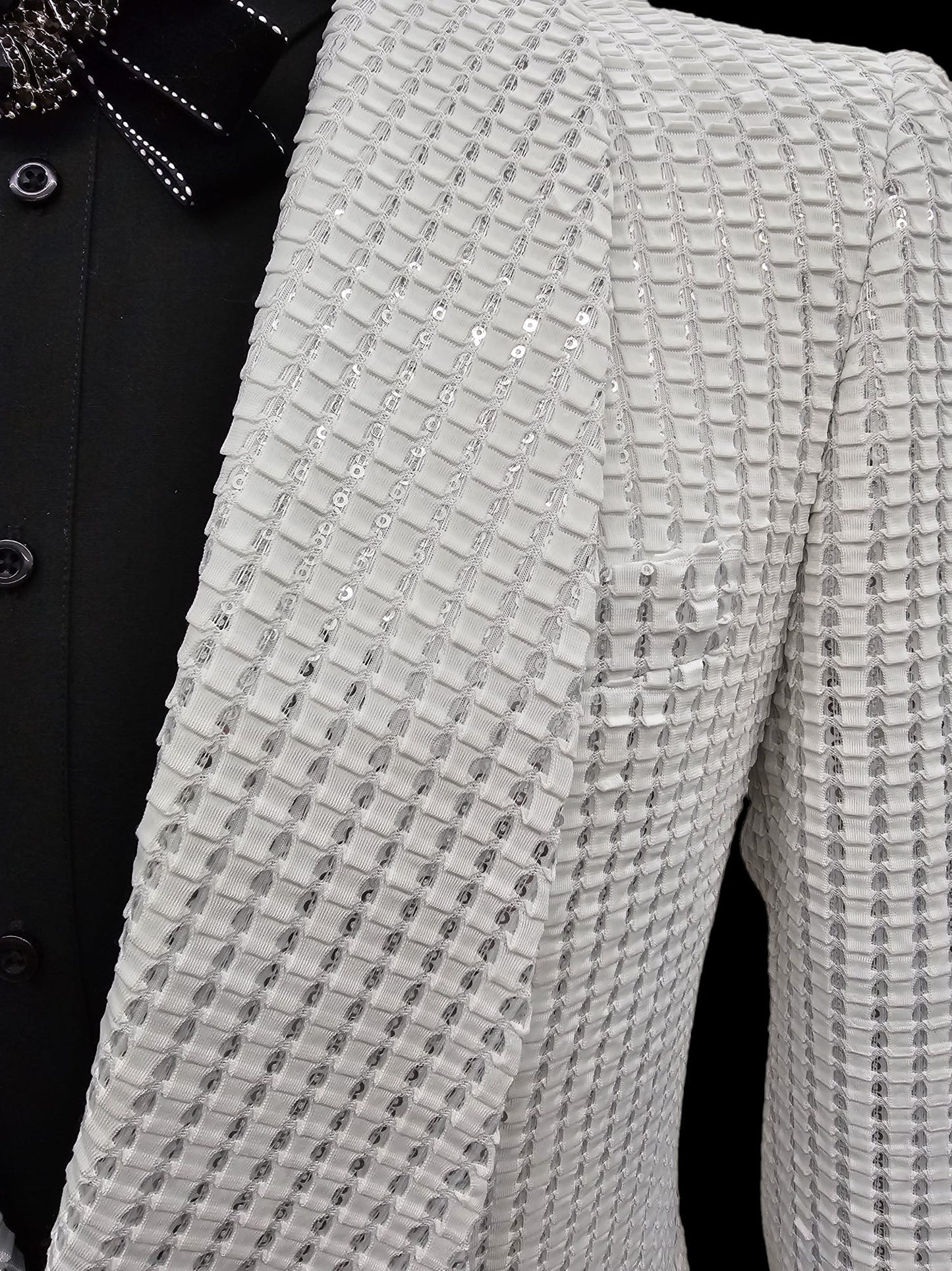 Elegant white sequin tuxedo suit by KCT Menswear, ideal for proms and weddings.
