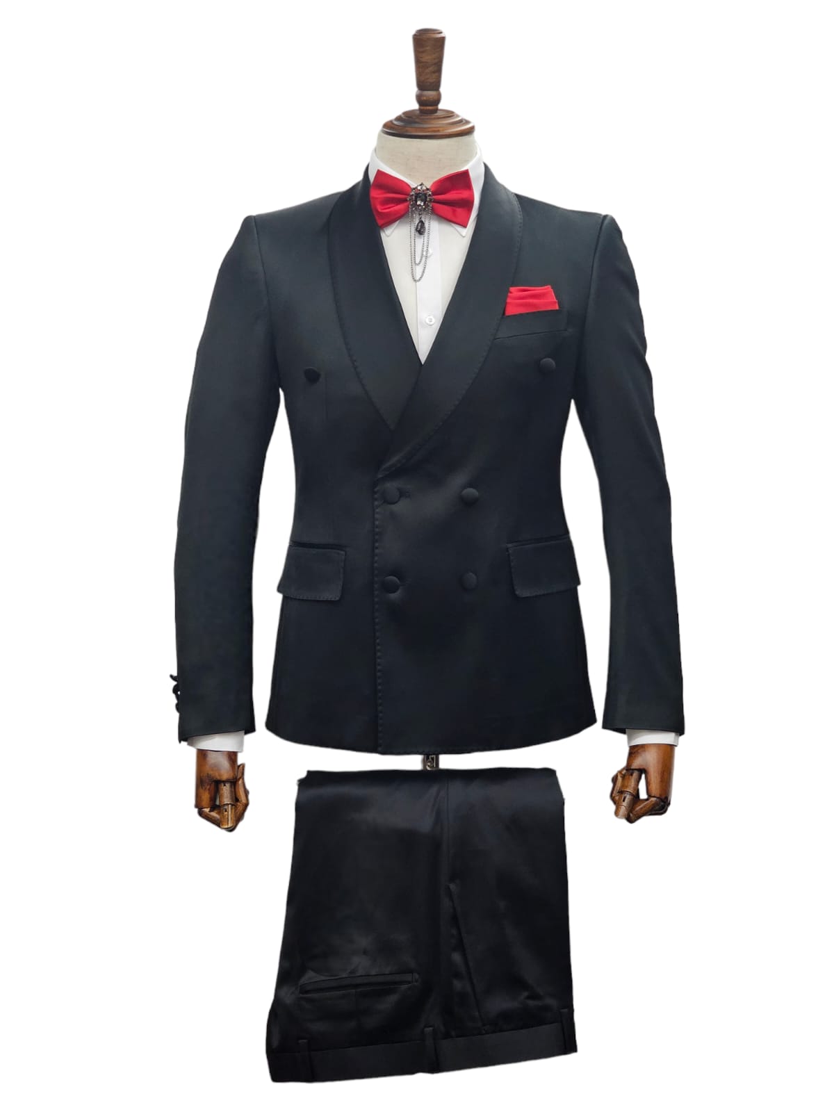 KCT Menswear Black Double Breasted Suit Fall 2023.