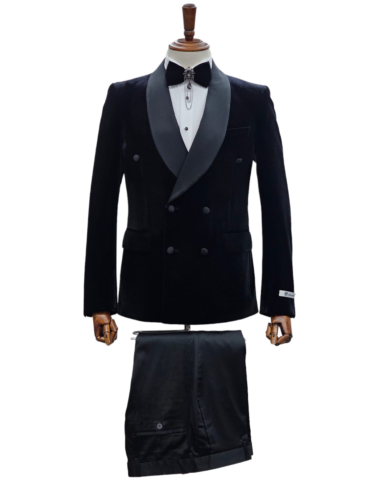 KCT Menswear Black Velvet Double Breasted Tuxedo Fall 2023.