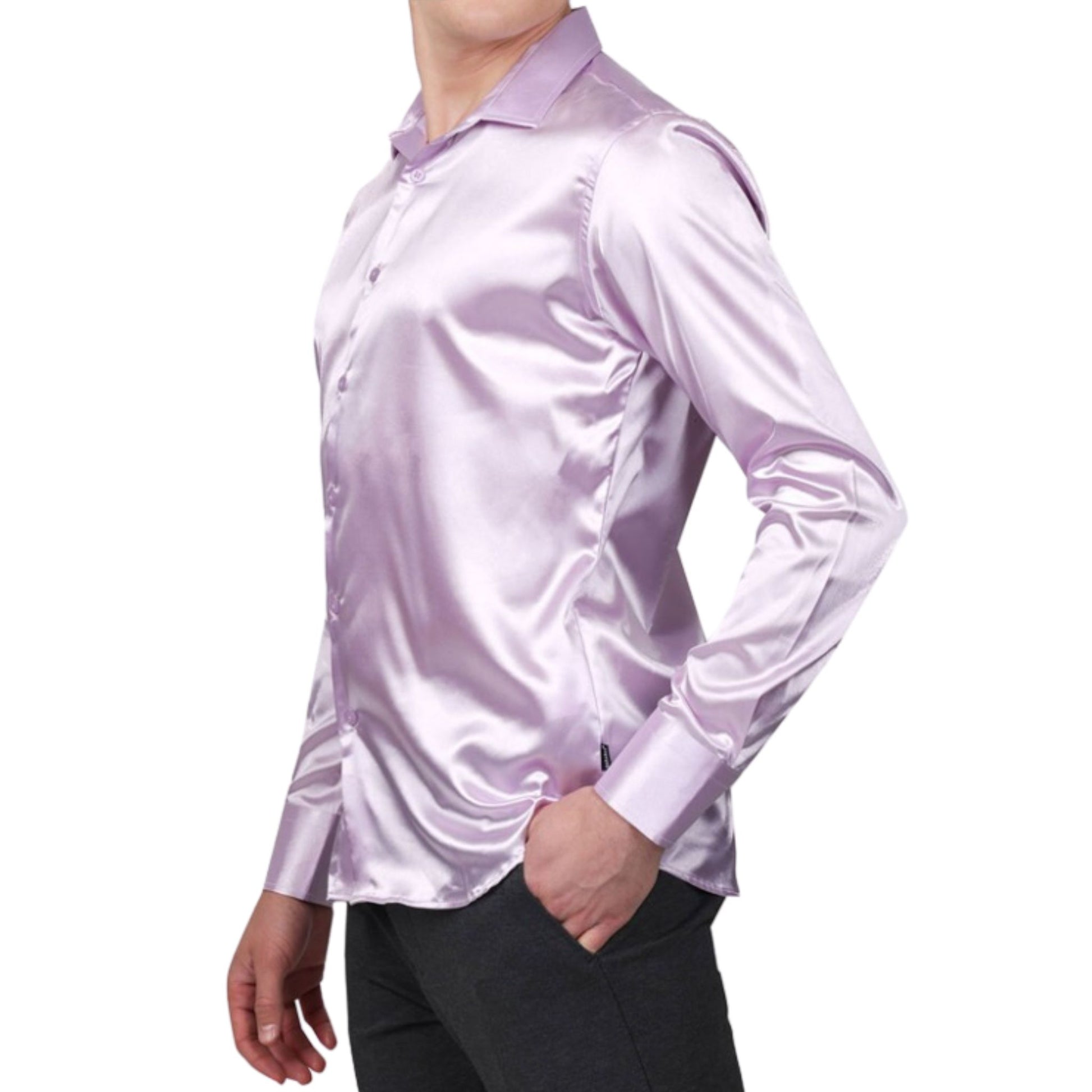 Chic KCT Menswear lavender satin dress shirt, ideal for formal events.